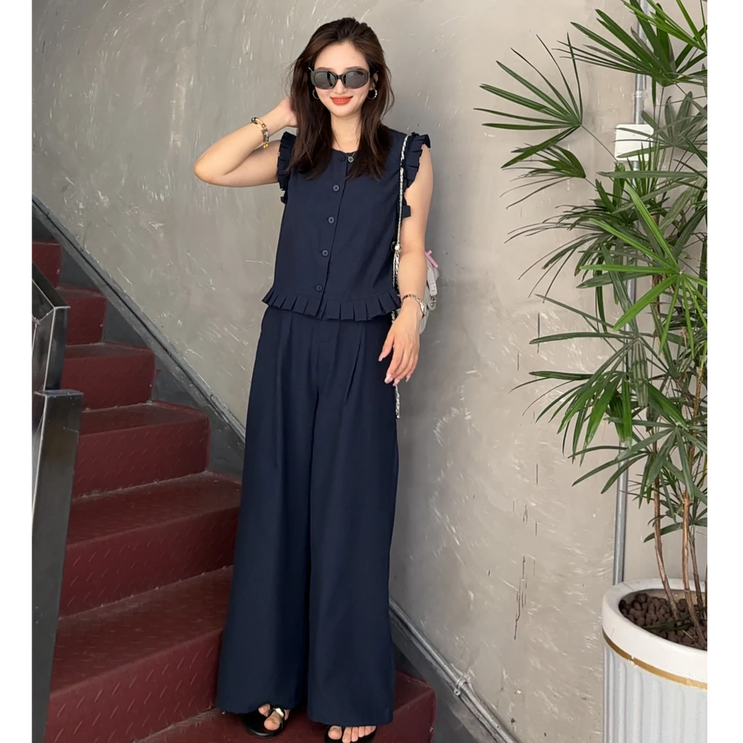 贝姐同款【飞飞袖上衣+阔腿裤】木耳边衬衫+后腰松紧阔腿裤套装8165