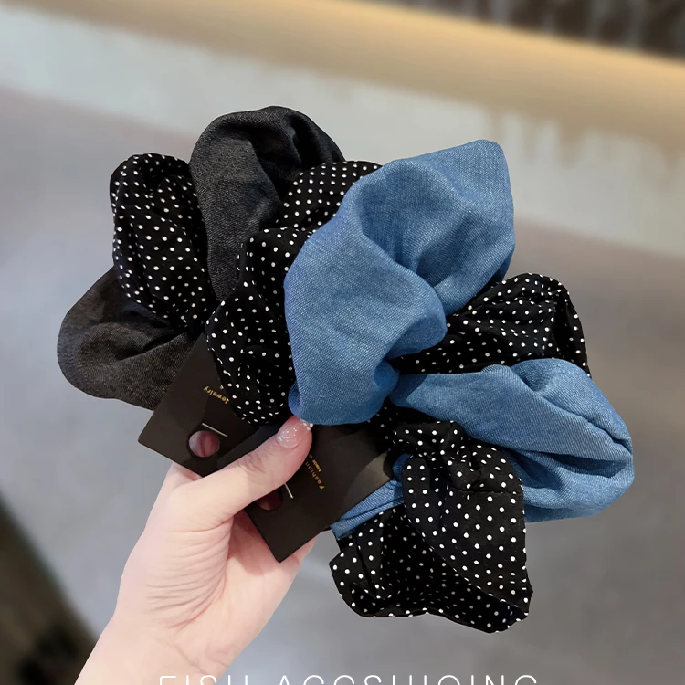 网红新款波点牛仔大肠发圈少女学院风显白丸子头扎马尾头花发圈圈