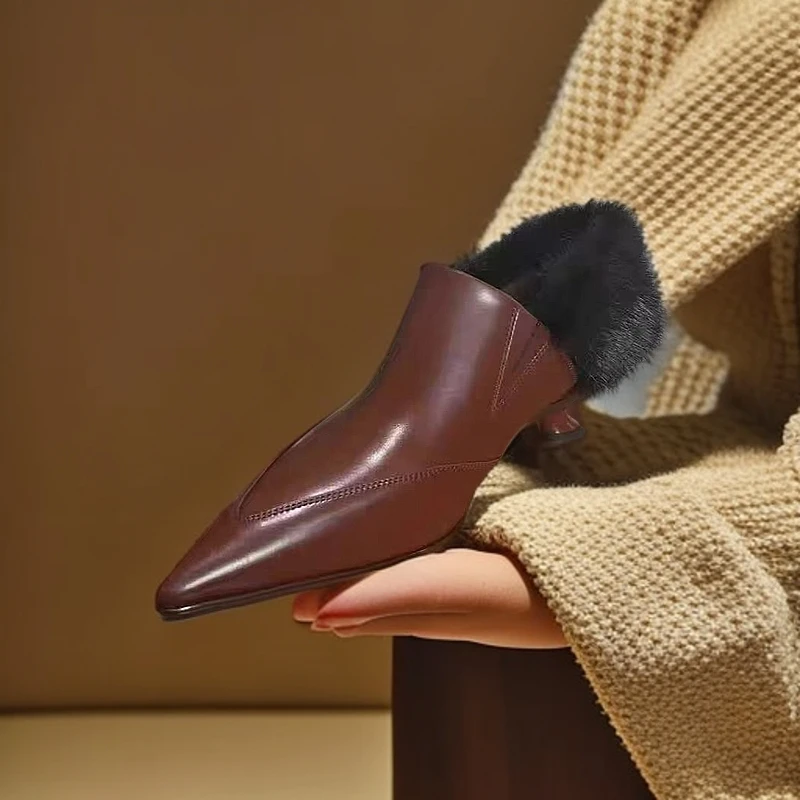 2024秋冬新款毛毛鞋尖头内外真皮羊皮兔毛吸湿排汗时尚高跟高级