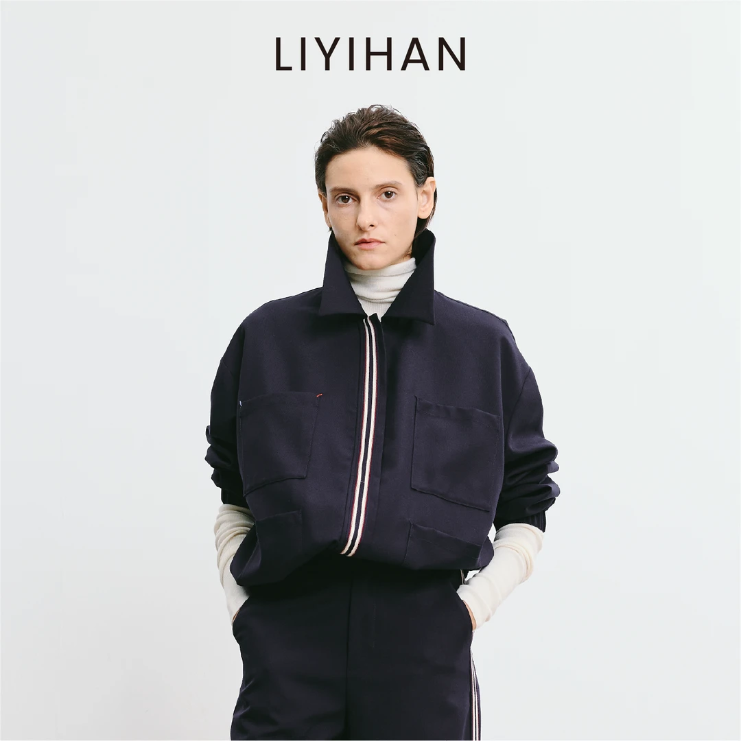 LIYIHAN 2025秋季新款通勤羊毛夹克短外套藏蓝色女套装小众设计感