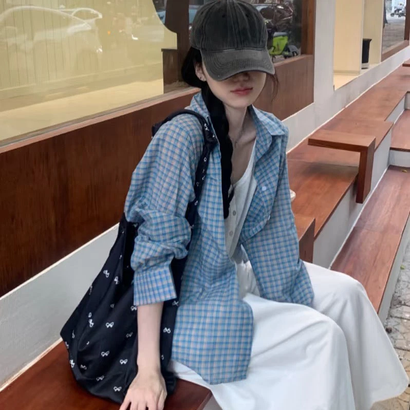 千朔【升级款】2025新款慵懒风蓝色格子防晒衬衫女宽松百搭长袖外套