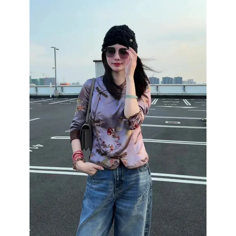 2025秋新中式禅意国风改良圆领盘扣紫色上衣女洋气独特超好看小衫