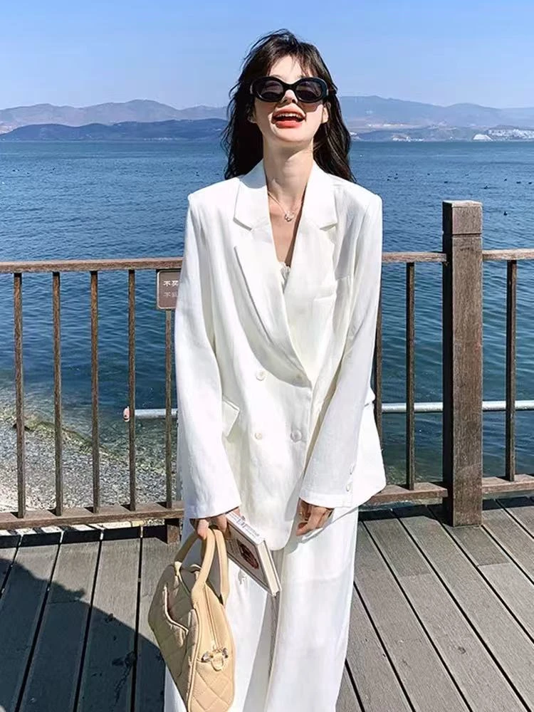 白色亚麻西装套装女春夏2025新款松弛高级感西服阔腿裤减龄两件套