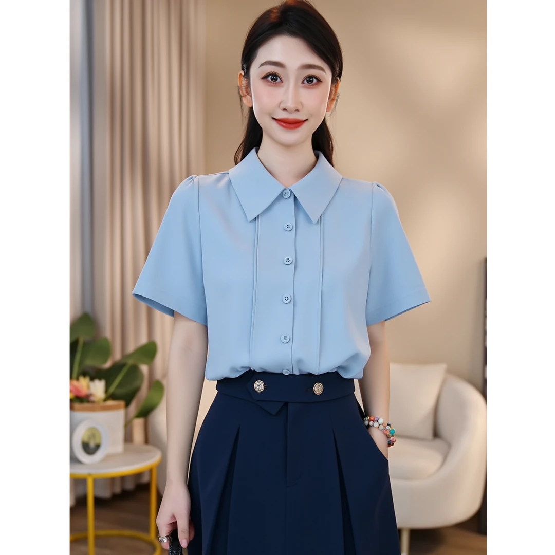 【曼贝】轻奢定制款气质风短袖衬衫女夏季高级感衬衣AI0611-4【甜甜】