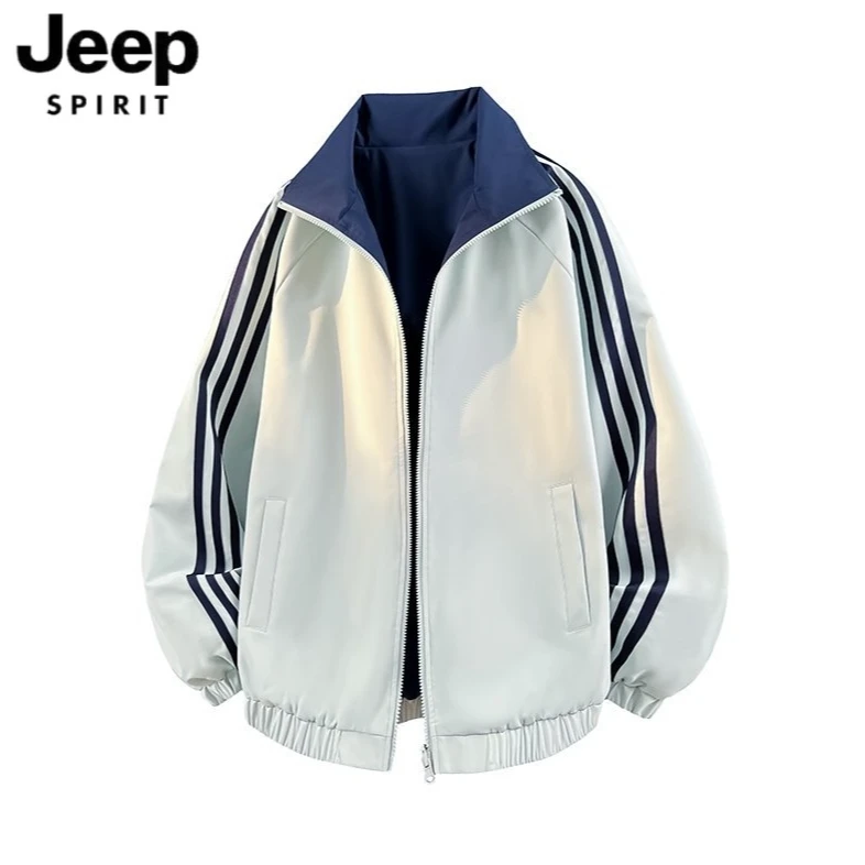 JEEP吉普美式条纹夹克男女同款冲锋衣高街潮牌情侣休闲双面穿外套
