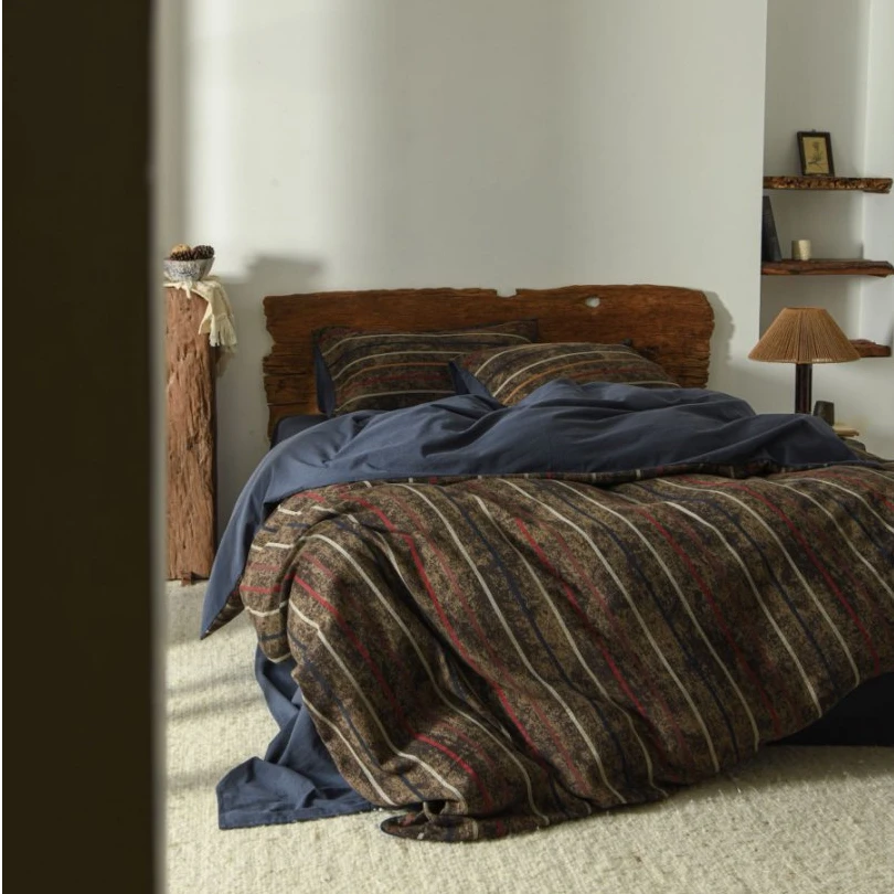 【比利时-四件套】Retro复古蓝调灰 美式工业设计线条 棉麻亚麻床品