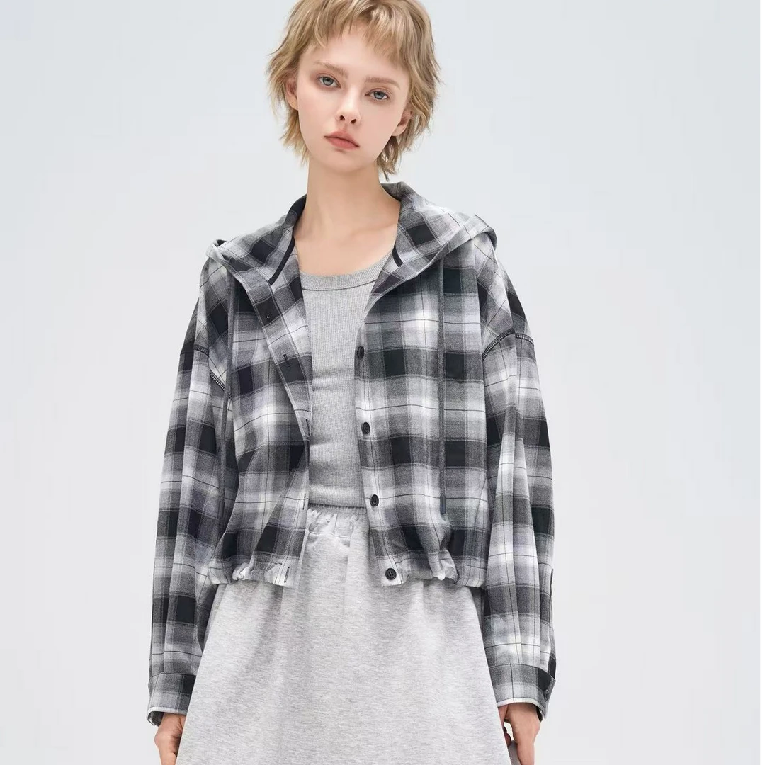 【商场品质】韩系慵懒风 可收下摆时尚连帽百搭格子衬衫 GZ 9158