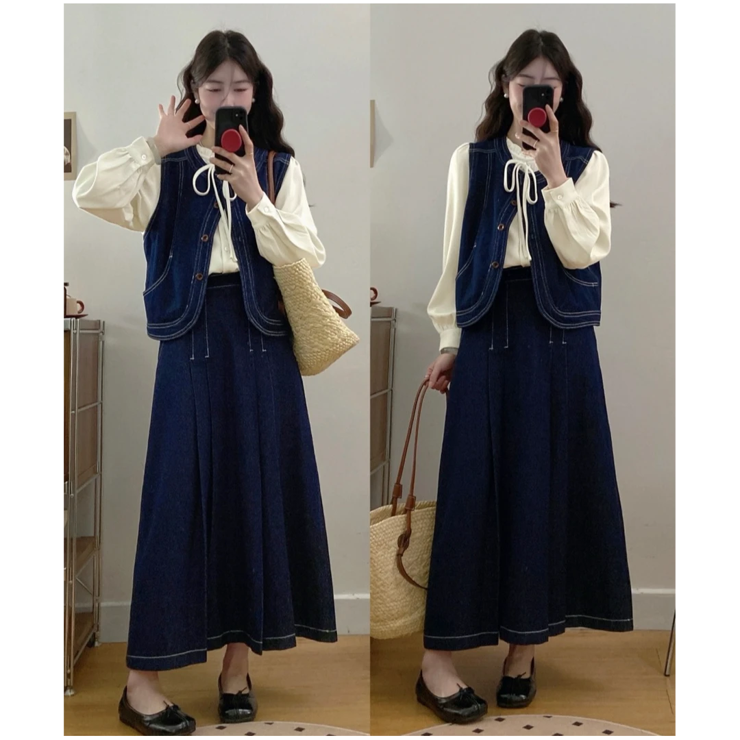 大码春日系绑带设计感衬衫+复古牛仔马甲+半身裙套装