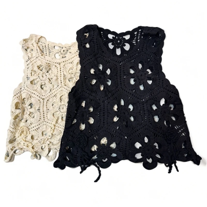 S078黑杏两色花朵镂空设计感无袖上衣衬衣