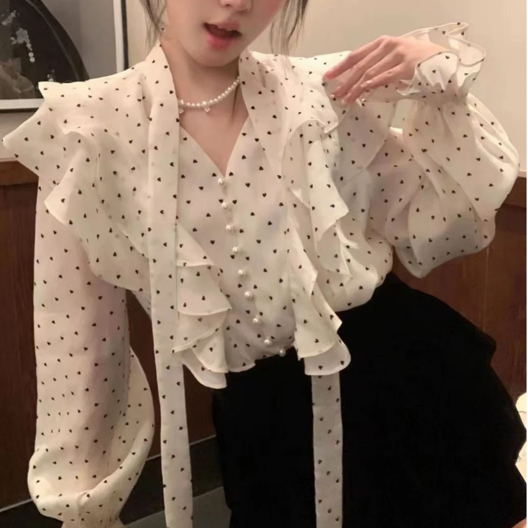 法式荷叶边波点雪纺衬衫女2025新款高级感独特别致长袖上衣80565