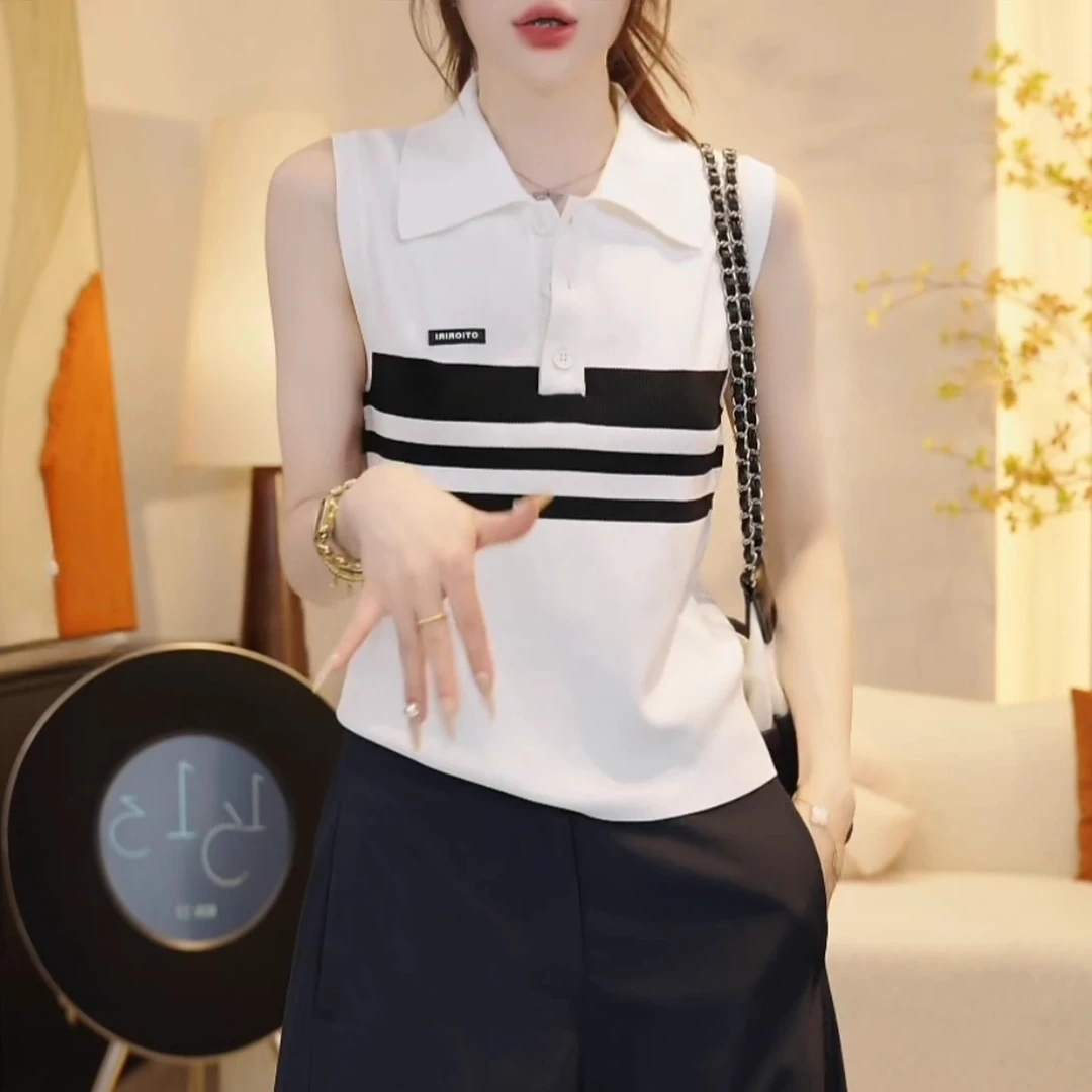 撞色条纹polo领设计感针织马甲背心女无袖2025夏季修身显瘦上衣潮