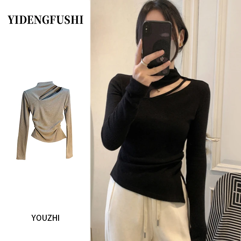 YIDENG早秋季新款半高领长袖t恤上衣不规则心机镂空露锁骨女上衣