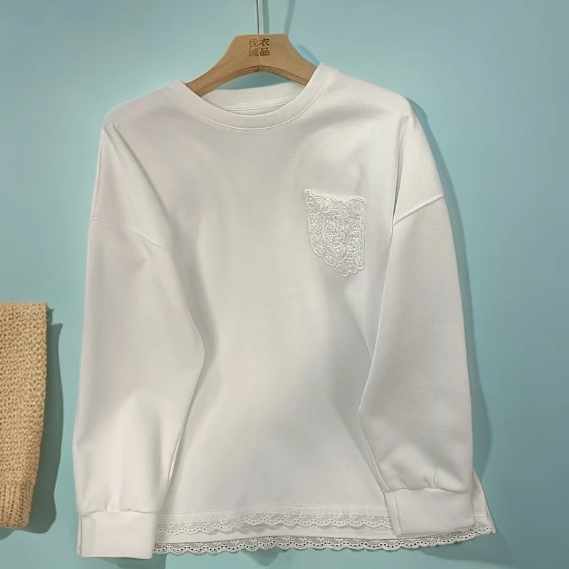 【君君家】2025春季蕾丝口袋t恤长袖宽松卫衣内搭设计感上衣99002