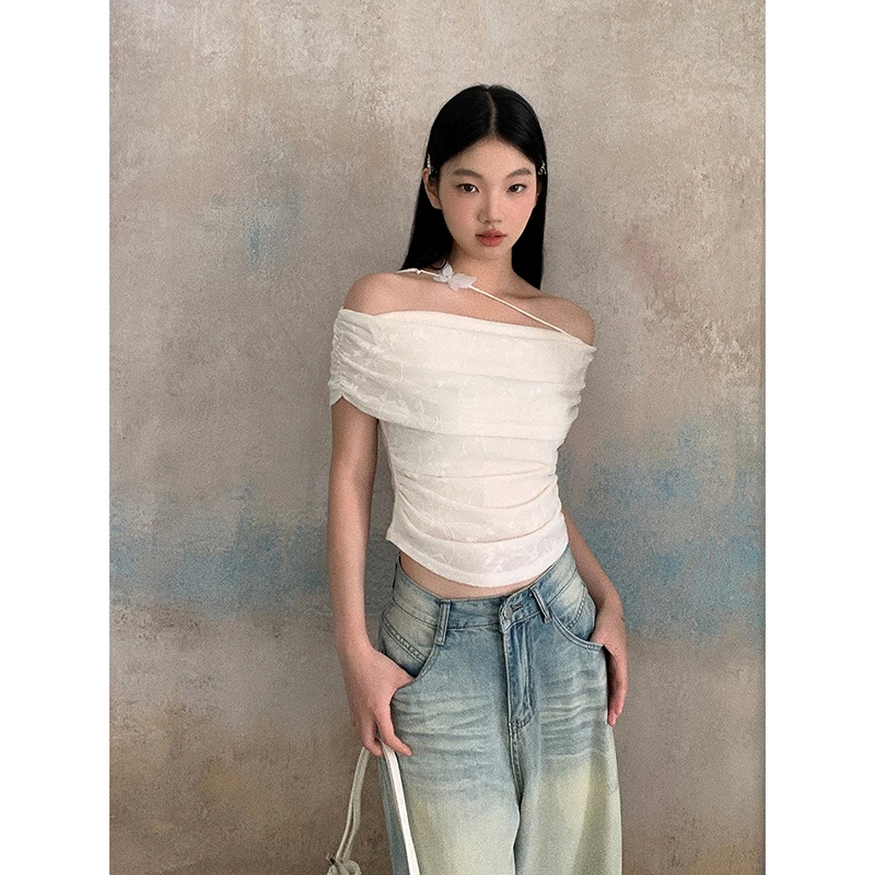 【HRG清仓】夏季气质辣妹露肩修身不规则一字肩小众显瘦T恤8609#