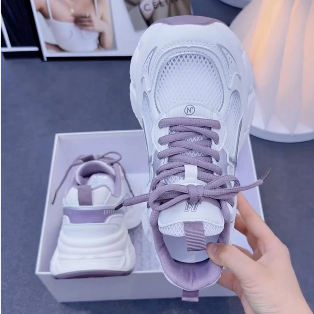 2025夏季单网透气新款厚底增高运动休闲老爹鞋软底软面系带女鞋