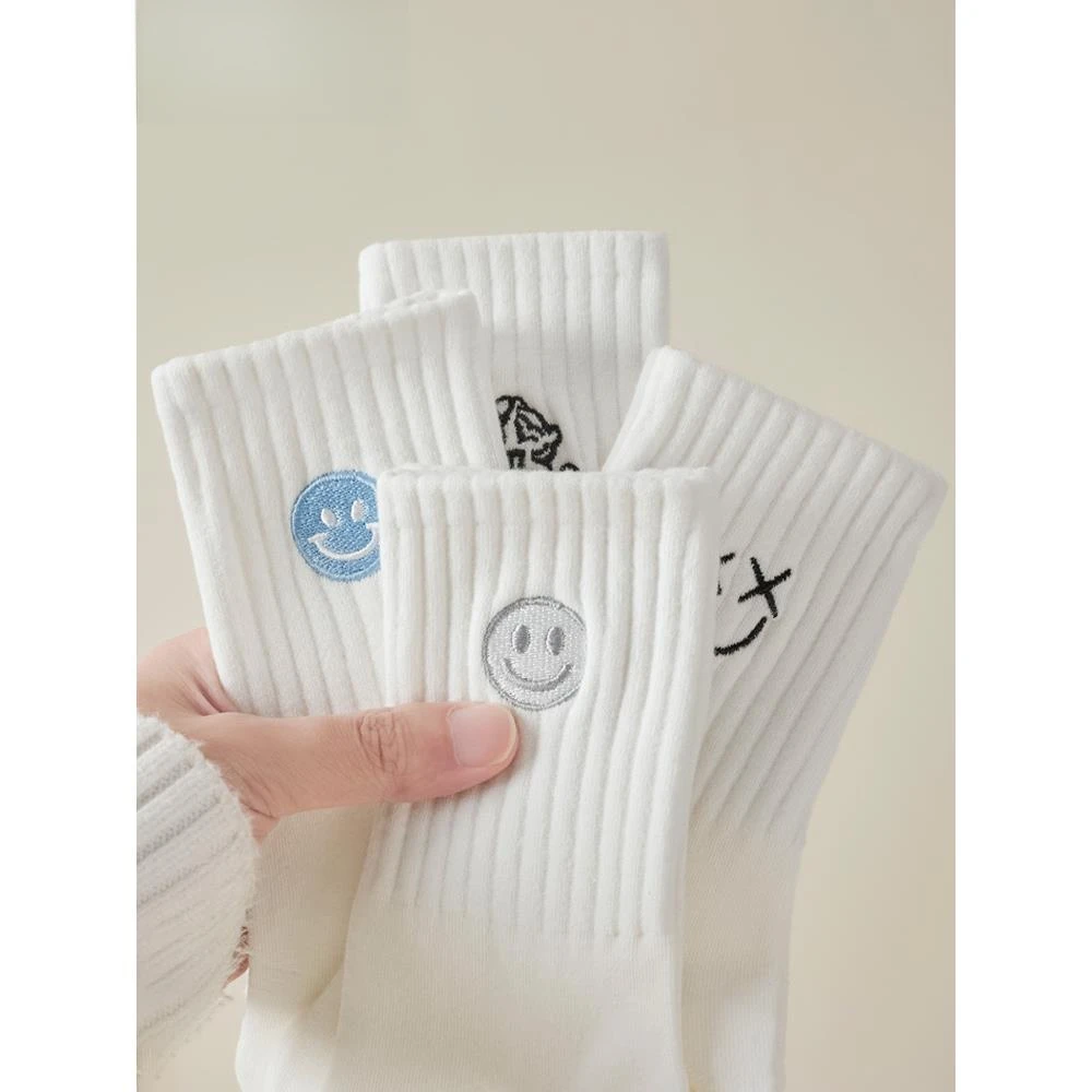 白色袜子女纯棉中筒袜夏季2025新款爆款无骨袜吸汗透气刺绣长筒袜