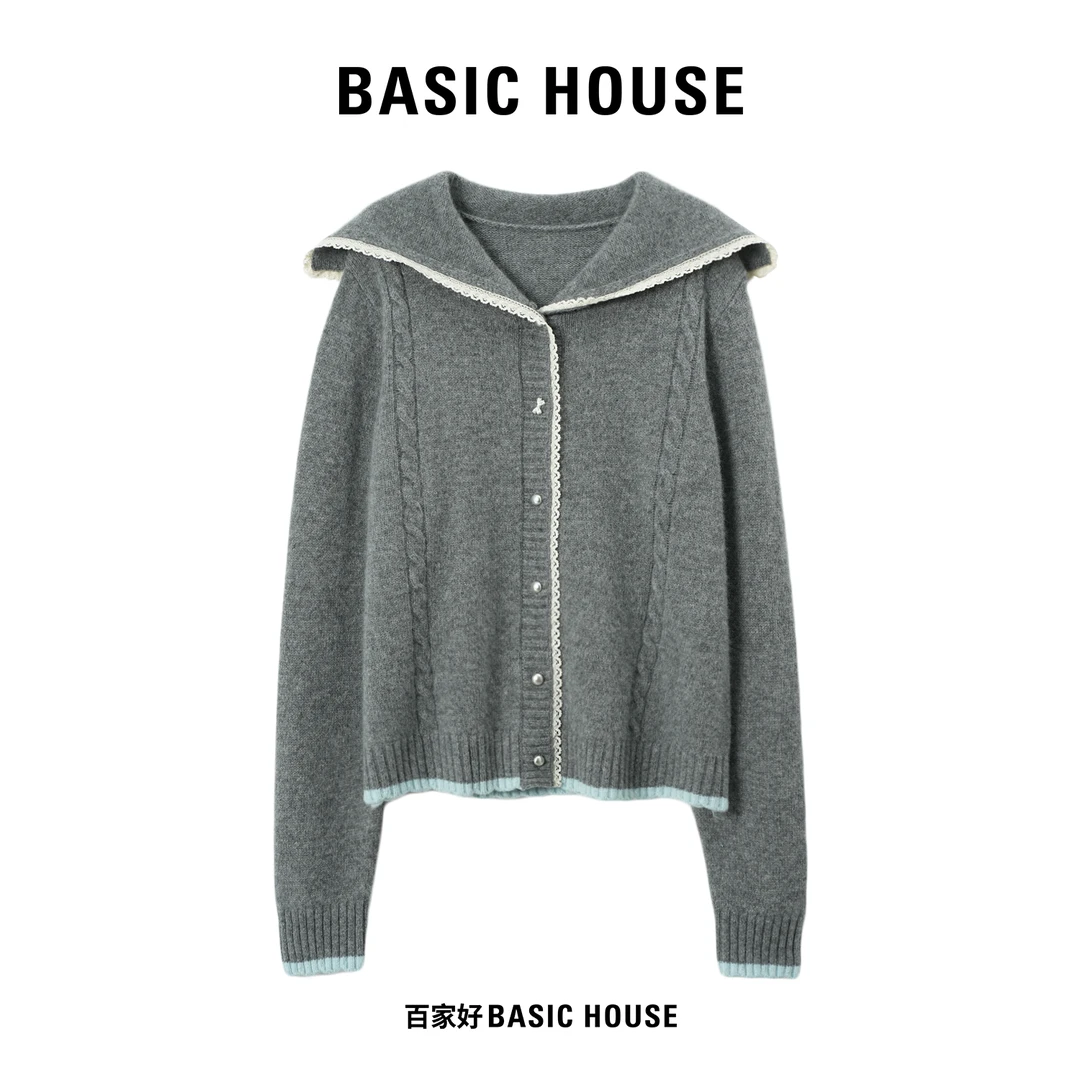 Basic House/百家好2025秋新款大翻领撞色绞花毛针织衫T712 XX