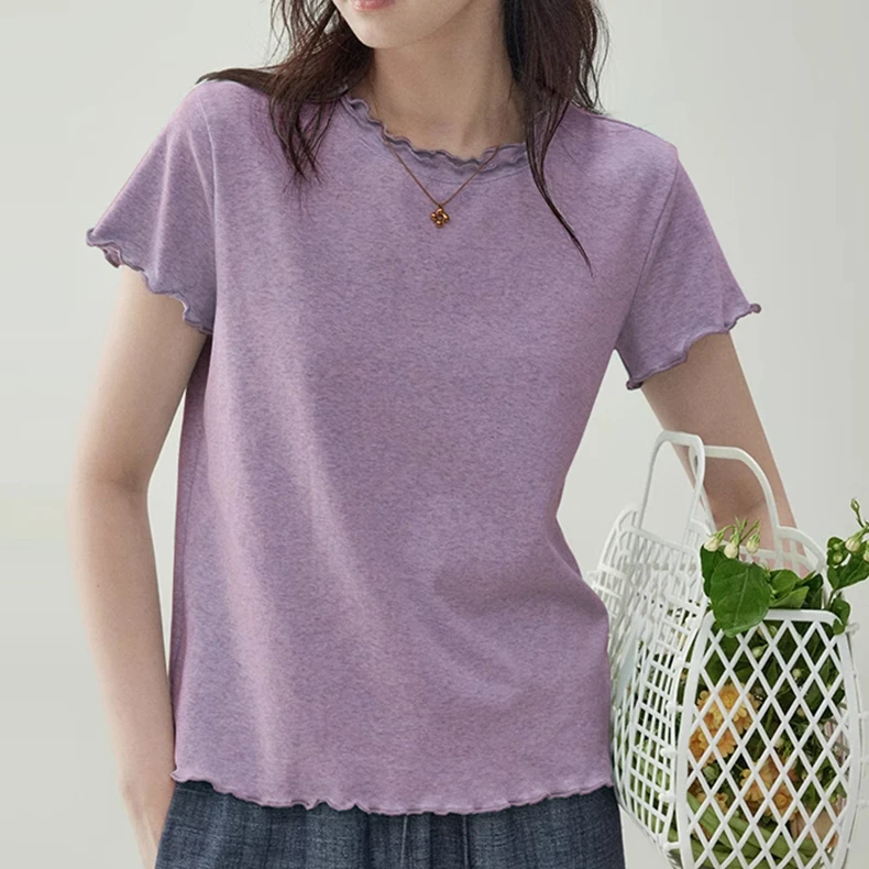 【现货发】彩点小花边时尚设计感夏季圆领短袖气质款修身打底衫