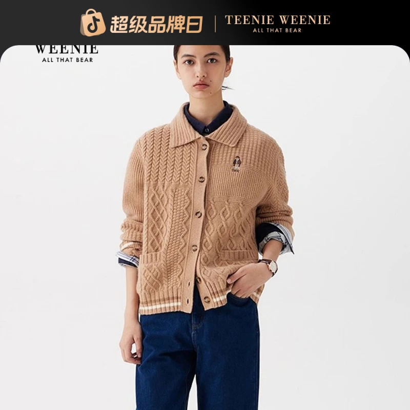 *TeenieWeenie小熊毛针织衫25冬新款宽松拼色翻领开衫TTCK258TCCA