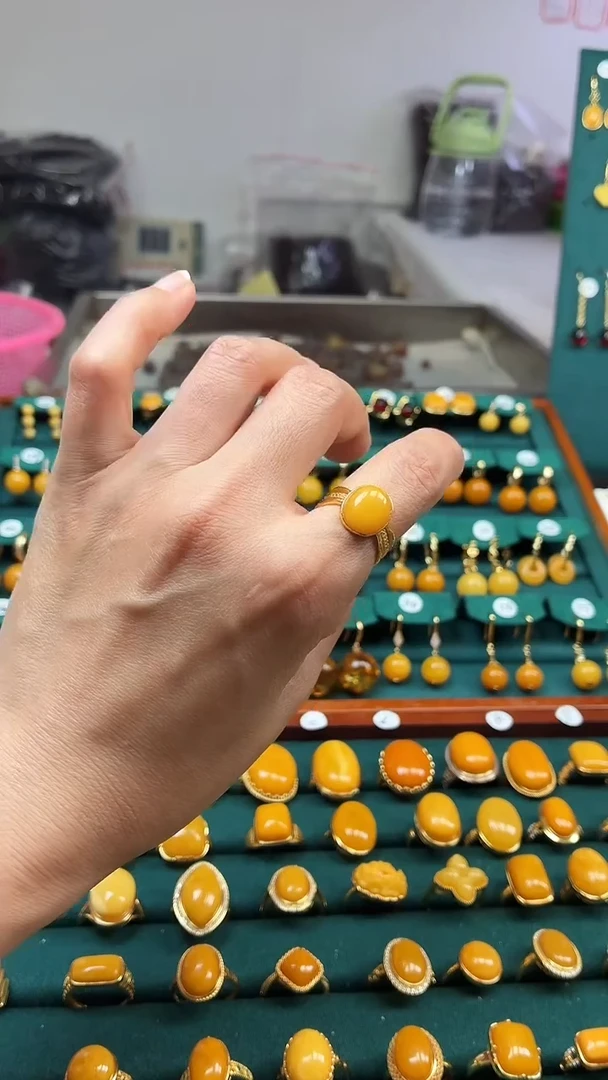银S925镶嵌琥珀戒指蜜蜡开口戒指