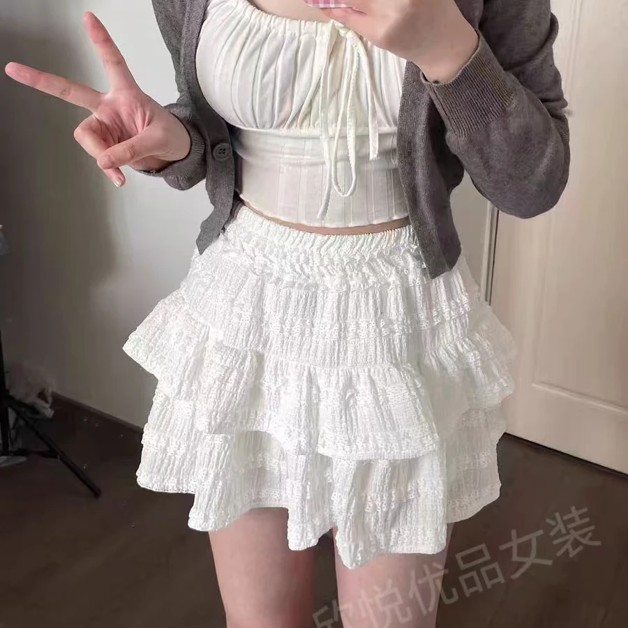 松紧腰蛋糕裙2025春夏款裙蓬蓬短裙百搭少女半身裙芭蕾丝防走光