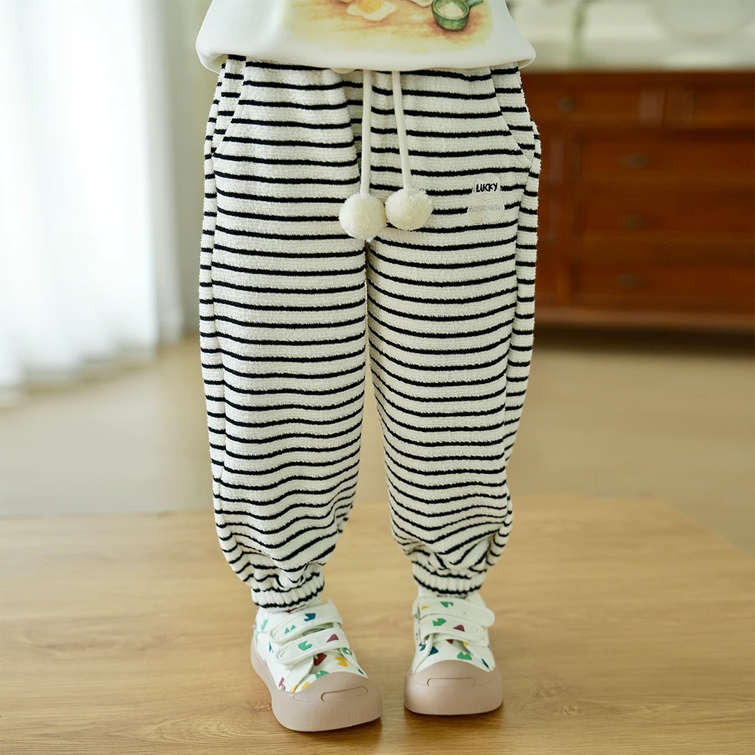 现货【毛球条纹】7598女童秋款2025新款休闲裤女宝长裤条纹束脚卫裤