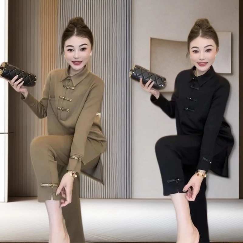 时尚复古长袖套装女2025秋季新款国风中式盘扣显瘦上衣裤子两件套