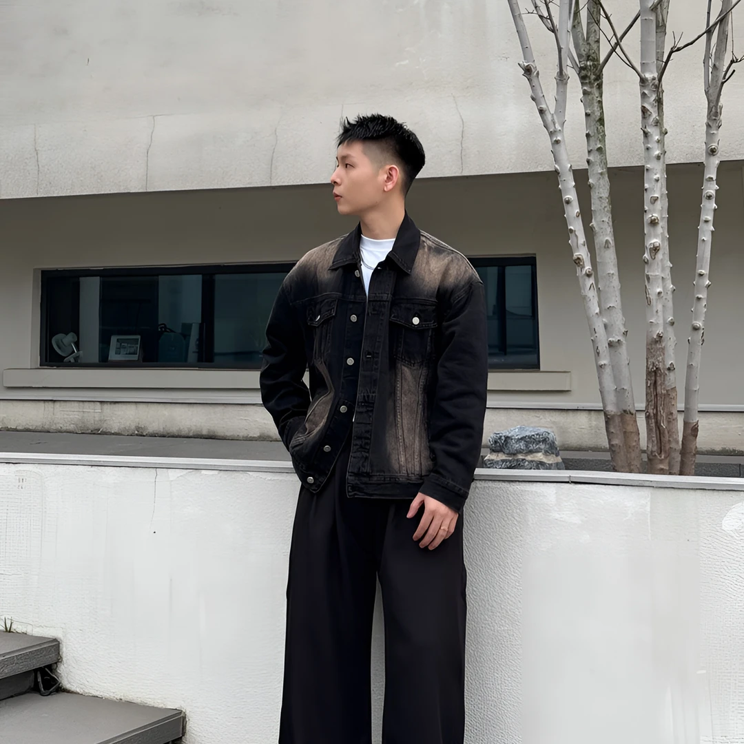 2025春季新款男士休闲百搭短宽斑驳做旧洗水重工男士牛仔夹克外套