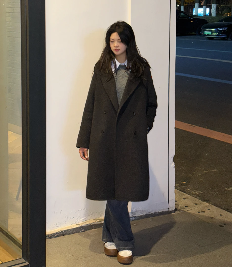 韩版百搭中长款绵羊毛大衣气质宽松秋冬女长毛正肩呢子外套L