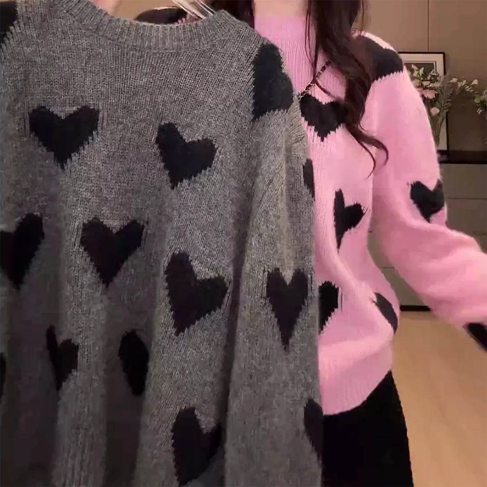 欧版时尚爱心韩系休闲竖坑纹宽松百搭套头针织衫上衣C6593