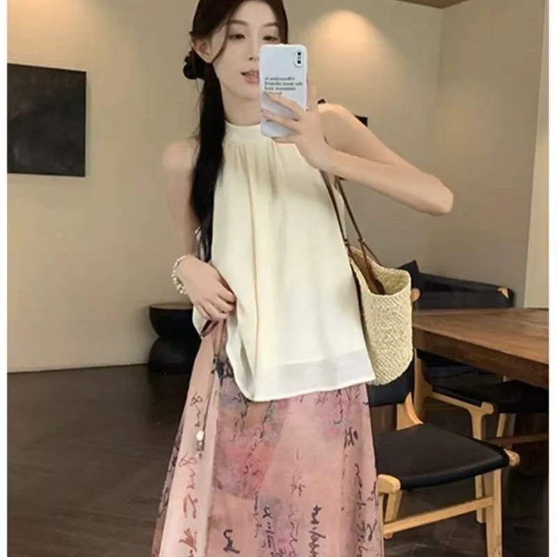 新中式套装女装夏季气质无袖挂脖背心国风水墨画高腰半身裙两件套