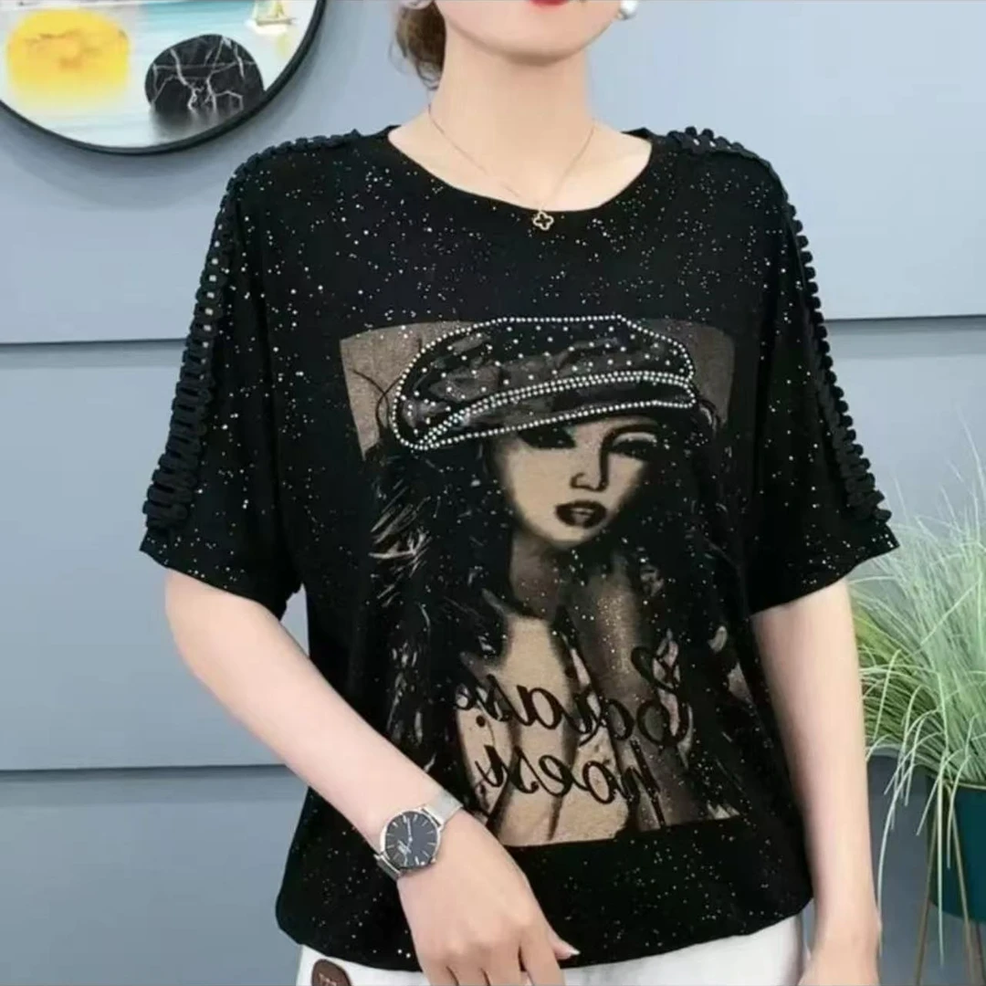 【厂家直销】2025夏季圆领印花蝙蝠袖T恤镶钻休闲宽松显瘦舒适上衣