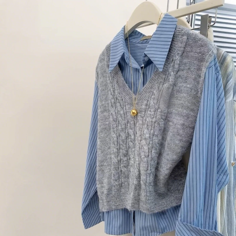 v领针织马甲背心灰色学院风