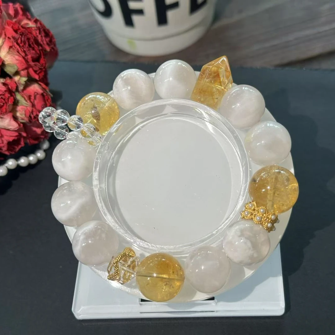 《偶遇水晶*日照金山》天然雪花幽灵黄水晶手串DIY