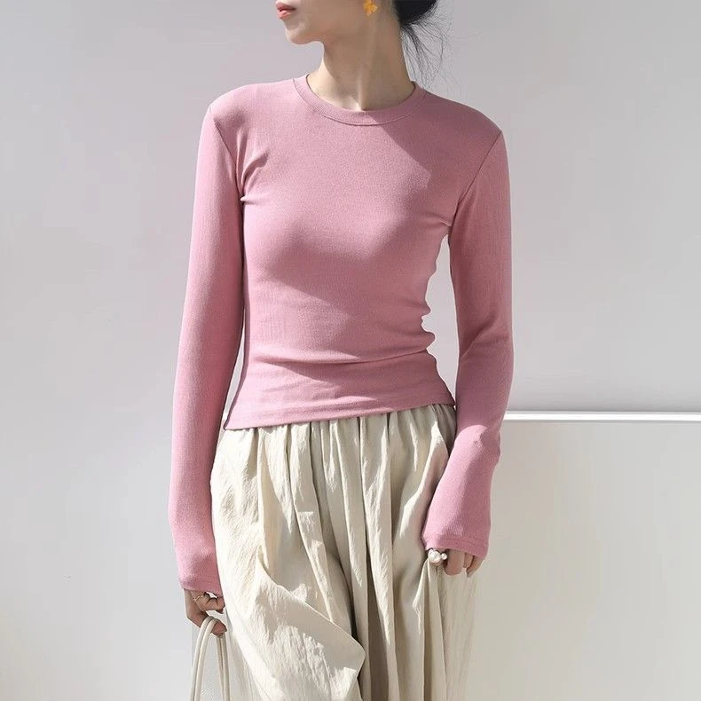 秋冬圆领长袖t恤女纯色ins简约打底衫修身显瘦百搭紧身春秋内搭