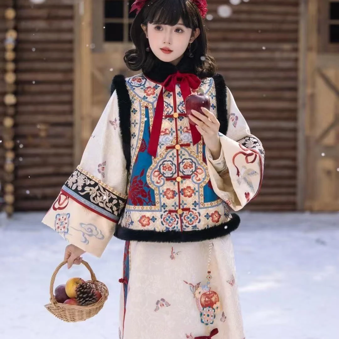 【白雪献岁】汉服新款清汉女刺绣重工宫装毛条马甲国风秋冬套装