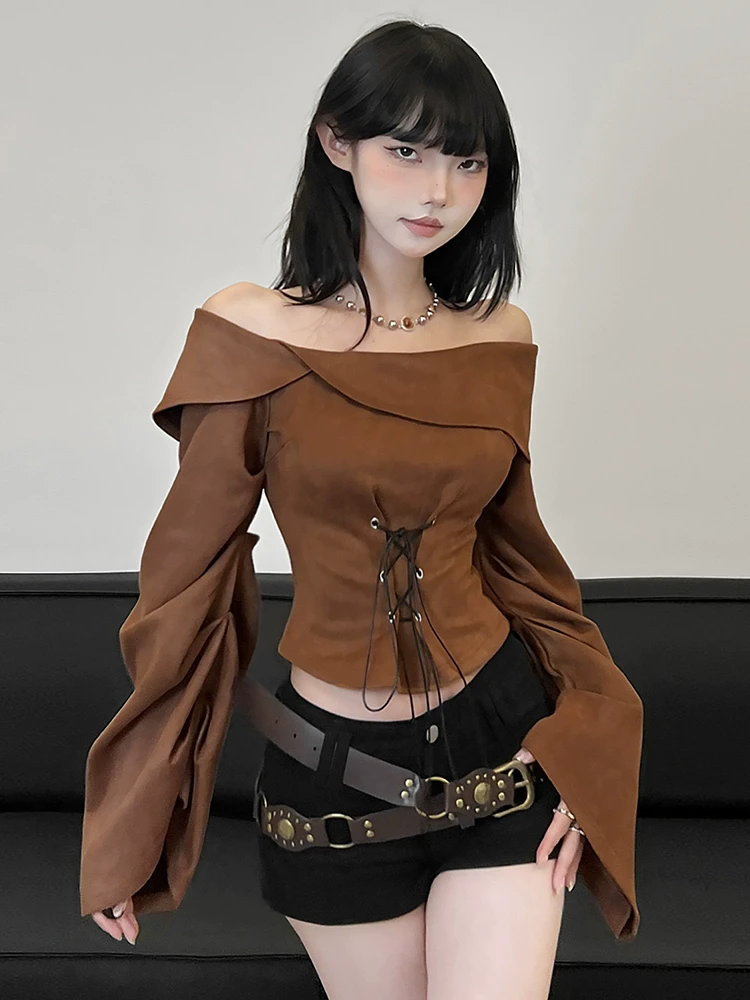 【怪诞少女】焦糖美拉德翻领一字肩麂皮上衣
