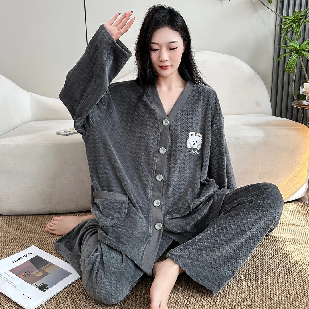 秋冬大码睡衣胖mm高级感珊瑚绒中厚款开衫套装家居服200斤可外穿