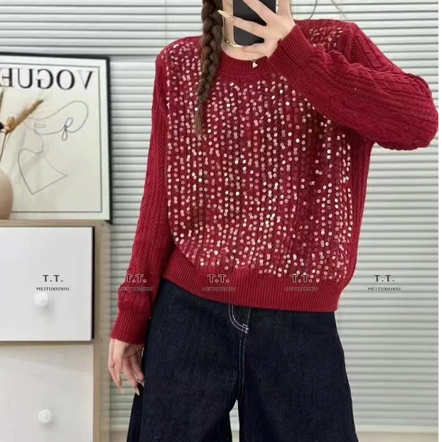 美红家  2201宽松亮片时尚针织衫
