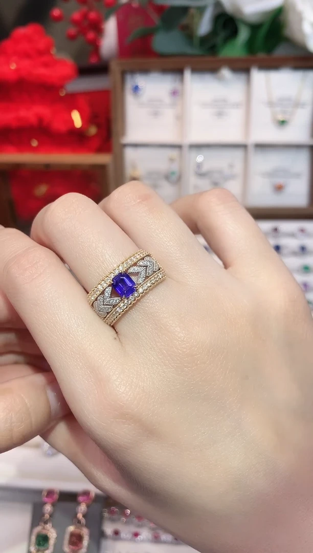 戒指彩色蓝宝石18K金镶嵌1.05ct/天然宝石/七天无理由