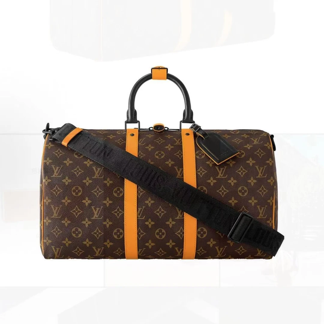 99新 LouisVuitton/路易威登 新款keepall45棕老花拼橙条旅行袋