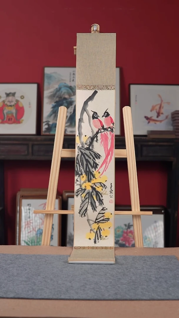 国画纯手绘纯手写-17*120卷轴花鸟