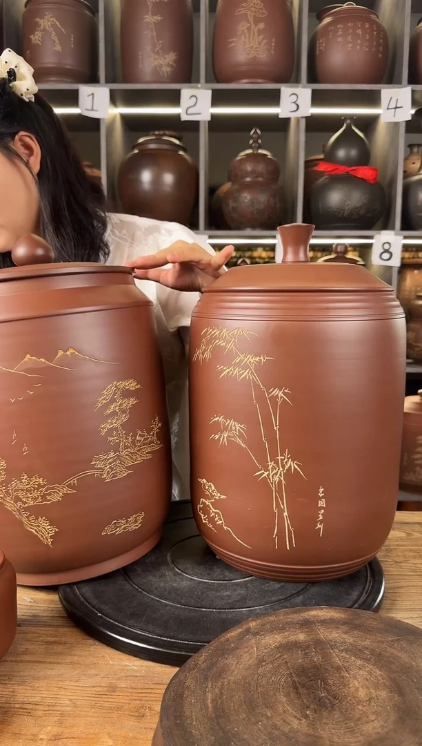 吉*本陶手作坭兴陶8-10斤茶叶罐一对手工痕迹