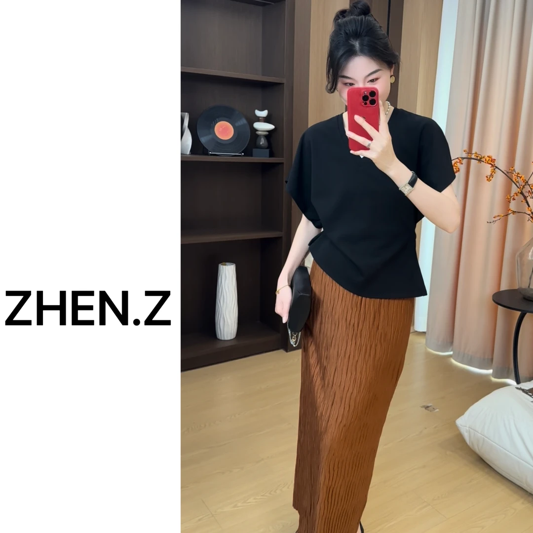 【纸片人】美式V领正肩短袖t恤女2025夏季设计感修身显瘦蝙蝠袖上衣