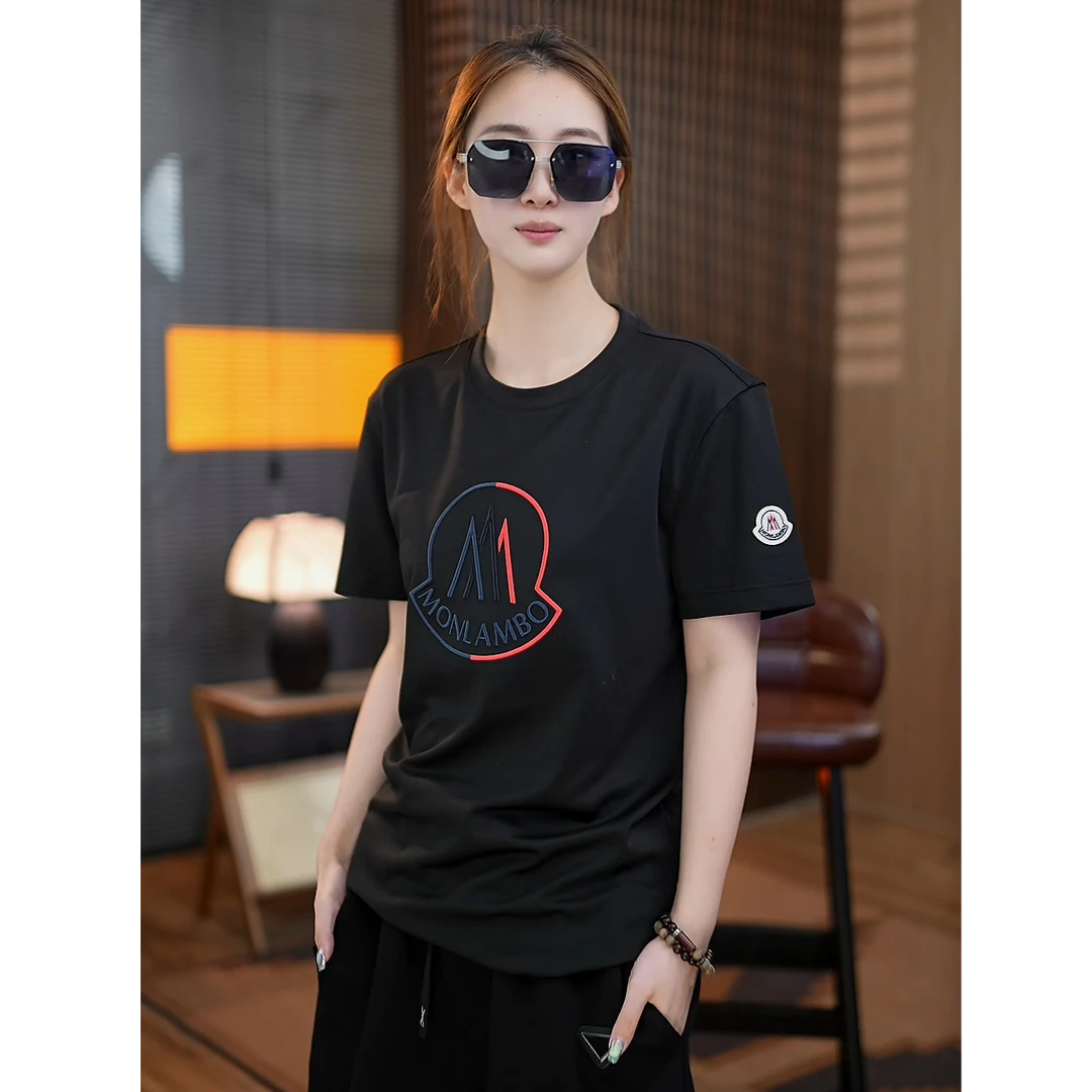 MONLAMBO/2025夏季新款亲肤透气舒适轻奢刺绣高级感男款圆领短袖