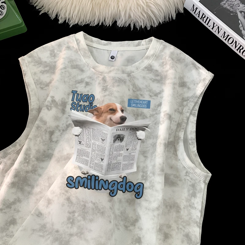 小狗无袖背心男士夏季新款美式百搭扎染休闲宽松潮流男t恤短袖