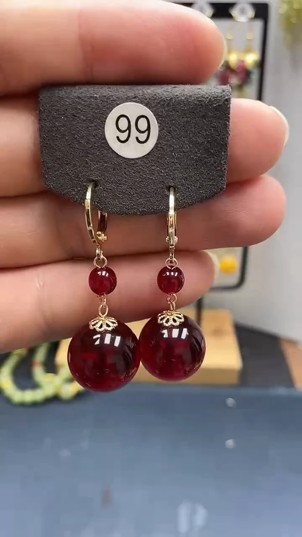 银S925镀金镶嵌血珀耳饰尺寸16mm耳扣D2