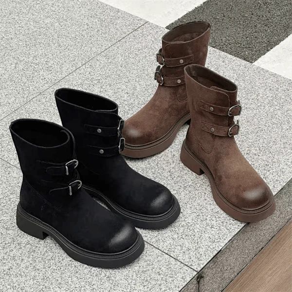 【巴韩】玲姐家15807百搭厚底时尚休闲皮带扣绒面马丁靴新松糕短靴