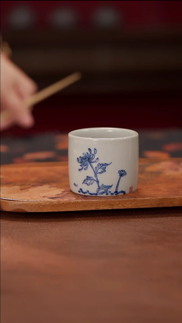 柴烧扳指杯-菊花（青花）