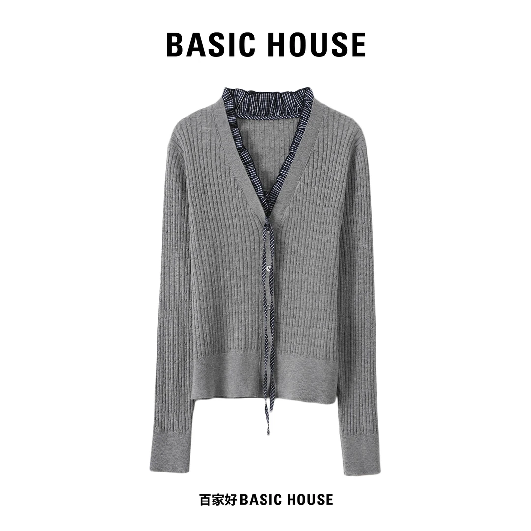 Basic House/百家好2025秋季单排扣蕾丝边长袖针织衫M642 MM